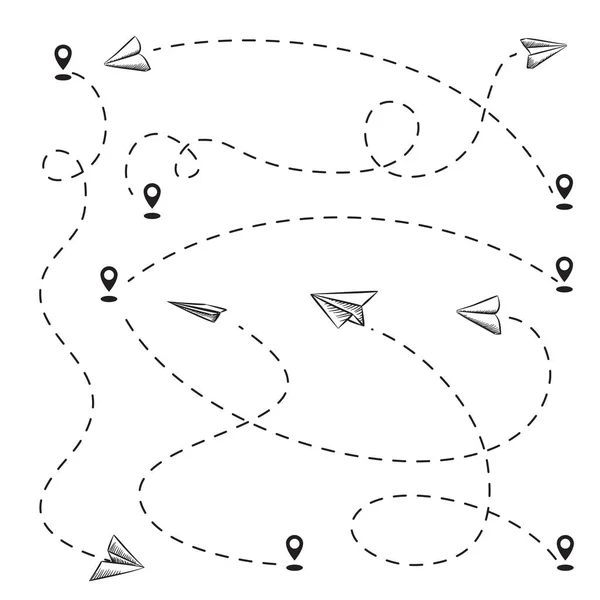 Avión Trayectoria Punteada Seguimiento Aeronaves Trazado Ilustración Vectores Carretera Avión — Archivo Imágenes Vectoriales