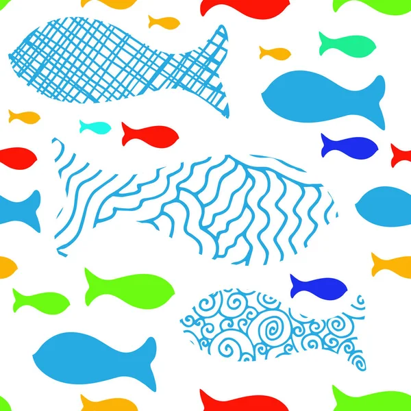 手绘涂鸦鱼向量无缝的样式查出在白色背景 填充素描鱼象形图单声道线性现代设计 海洋动物的简单的向量例证 — 图库矢量图片