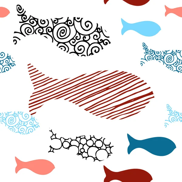 Ručně Kreslenou Doodle Ryby Vektorové Vzor Bezešvé Izolovaných Bílém Pozadí — Stockový vektor