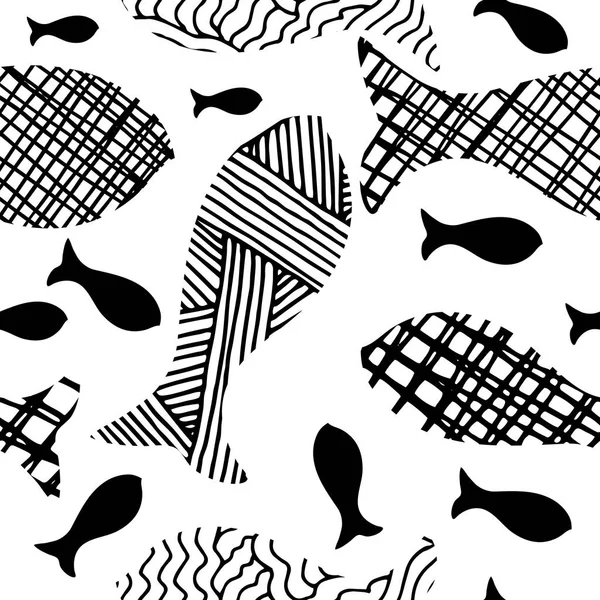 Hand Drawn Doodle Fishes Vector Seamless Pattern Isolated White Background — Stock Vector