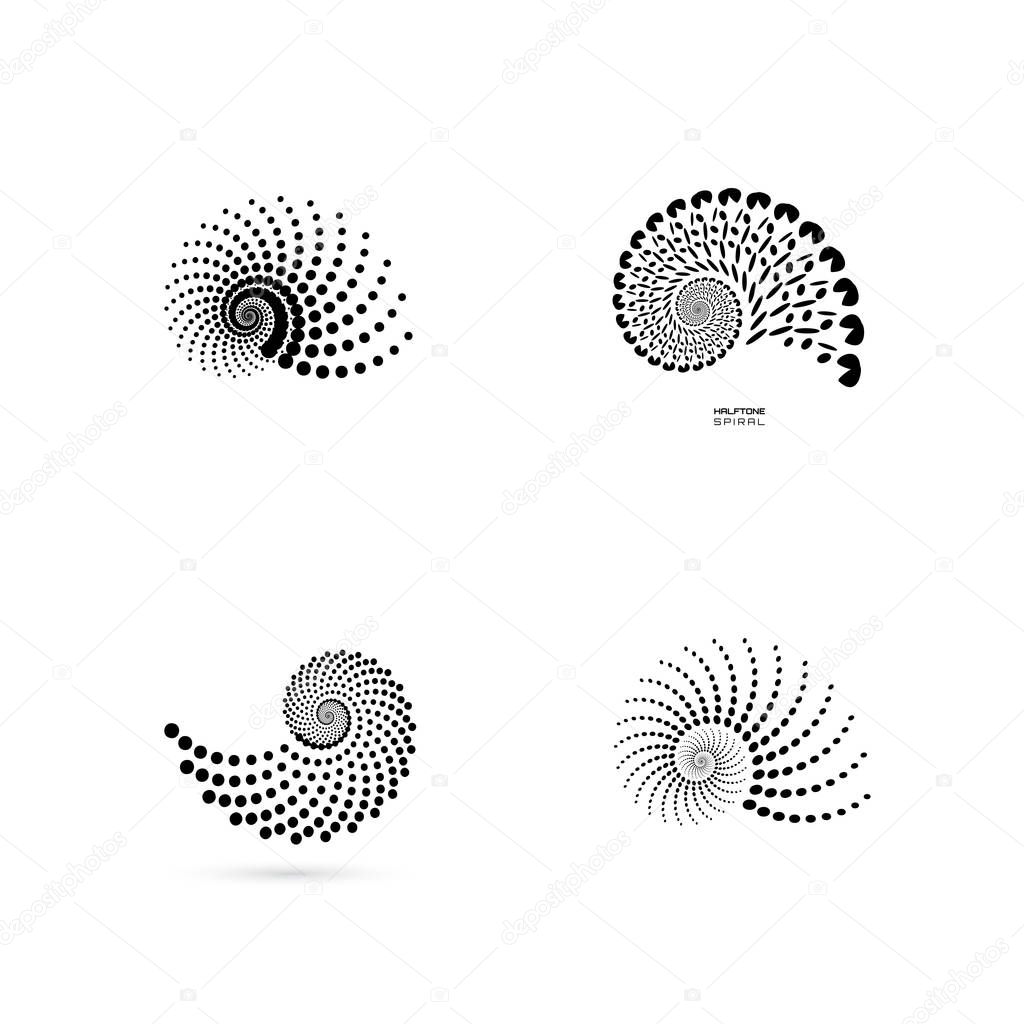 Abstract monochrome tornado illustration or swirl form made with dots and little elements. Black and white spiral logo isolated