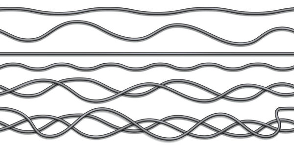 Бесшовный рисунок с черными электрическими кабелями изолированы на белом фоне. Реалистичная трехмерная векторная иллюстрация гибкого бесконечного компьютерного кабеля, телефонного кабеля или провода
