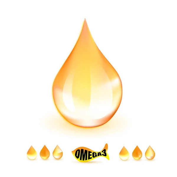 Rybí Olej Kapky Omega Doplnit Vektorové Ilustrace Zlaté Vitamin Droplet — Stockový vektor