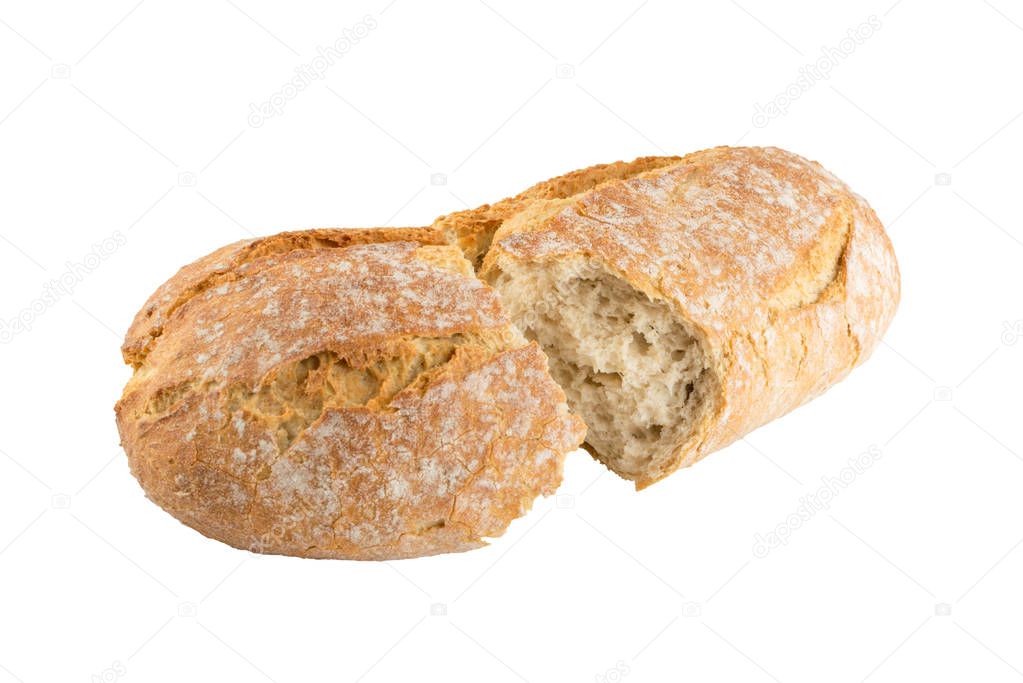Homemade Freshly Baked Broken Bread Isolated on White Background Close Up. Whole Loaf of Rustic Organic Cereal Bread Made of Sourdough Dough