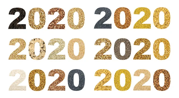 2020 nummers collage met verschillende granen en eetbare zaden — Stockfoto