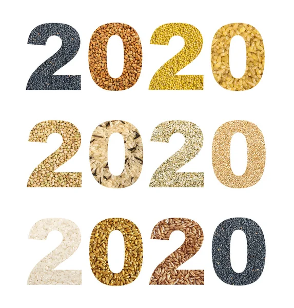 2020 nummers collage met verschillende granen en eetbare zaden — Stockfoto