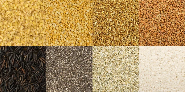 Gran colección de diferentes cereales y semillas comestibles — Foto de Stock