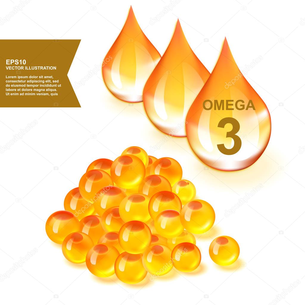 Fish Oil Drops with Omega 3 Supplement 3d Vector Illustration. Golden Vitamin Droplet of Salmon Fat with EPA, ALA and DHA