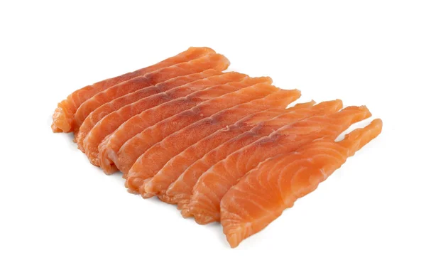 Fatias finas de filé de salmão cru isolado em fundo branco — Fotografia de Stock