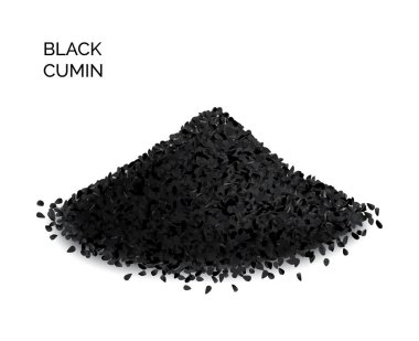 Siyah kimyon yığını veya beyaz arka planda izole edilmiş siyah kimyon baharatlı tohumlar. Nigella sativa 'nın vektör çizimi ayrıca nigella, kalojeere ve kalonji olarak da bilinir.
