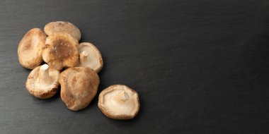 Bir yığın taze Shiitake mantarı siyah taş üzerine fotokopi alanı ile birlikte. Çiğ bok, sağlıklı organik Asya mantarı.