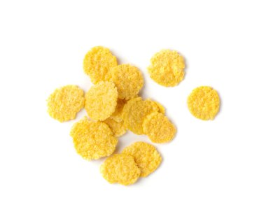 Kahvaltı için sarı mısır gevreği. Beyaz arka planda izole edilmiş. Çıtır mısır gevreği, mısır gevreği ya da mısır gevreği.