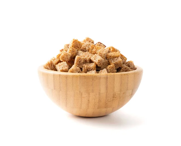 Pile Homemade Rye Bread Croutons Wooden Bowl Isolated White Background — Stock Photo, Image