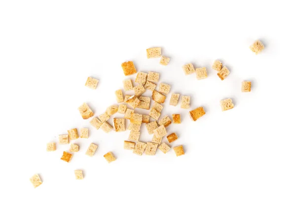 Bread croutons splash isolated on white background top view. Crispy bread cubes, dry crumbs, rusks, crouoton or white roasted crackers cube heap — Stock Image Bread Croutons Splash Isolated White Background Top View Crispy Bread Royalty Free Stock Photos