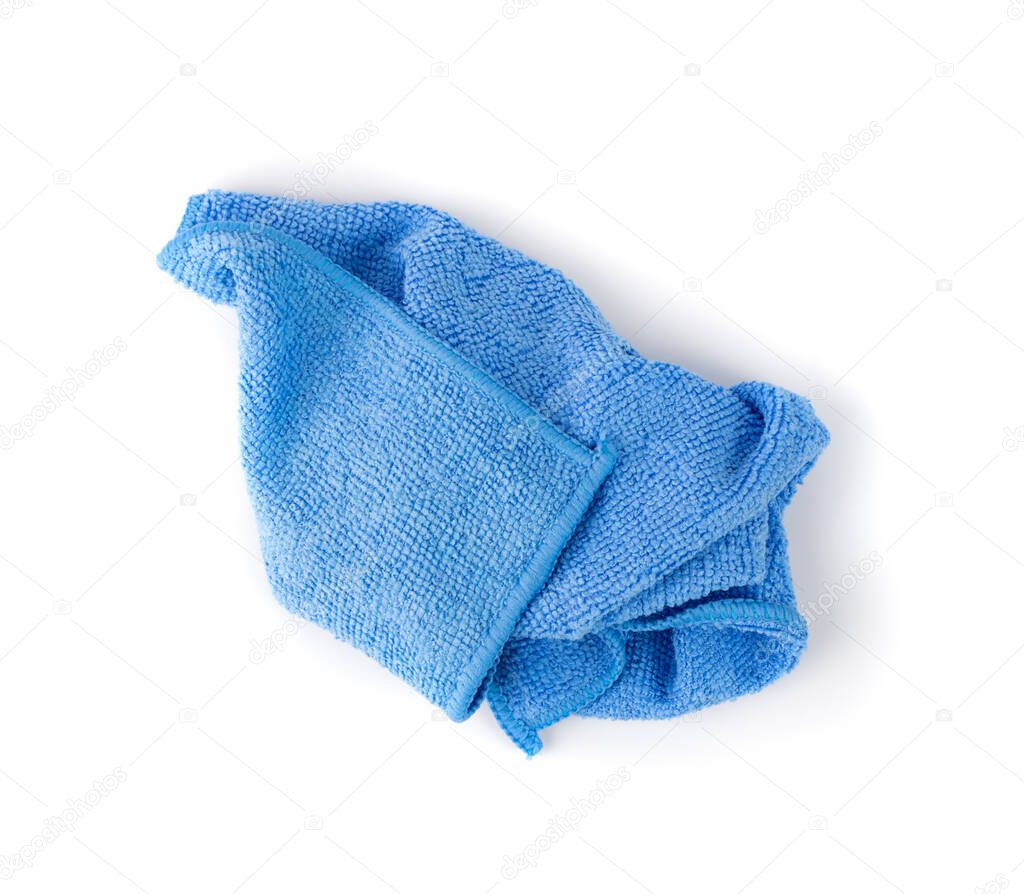 Blue Microfiber Cleaning Cloth Isolated on White Background Top View Closeup