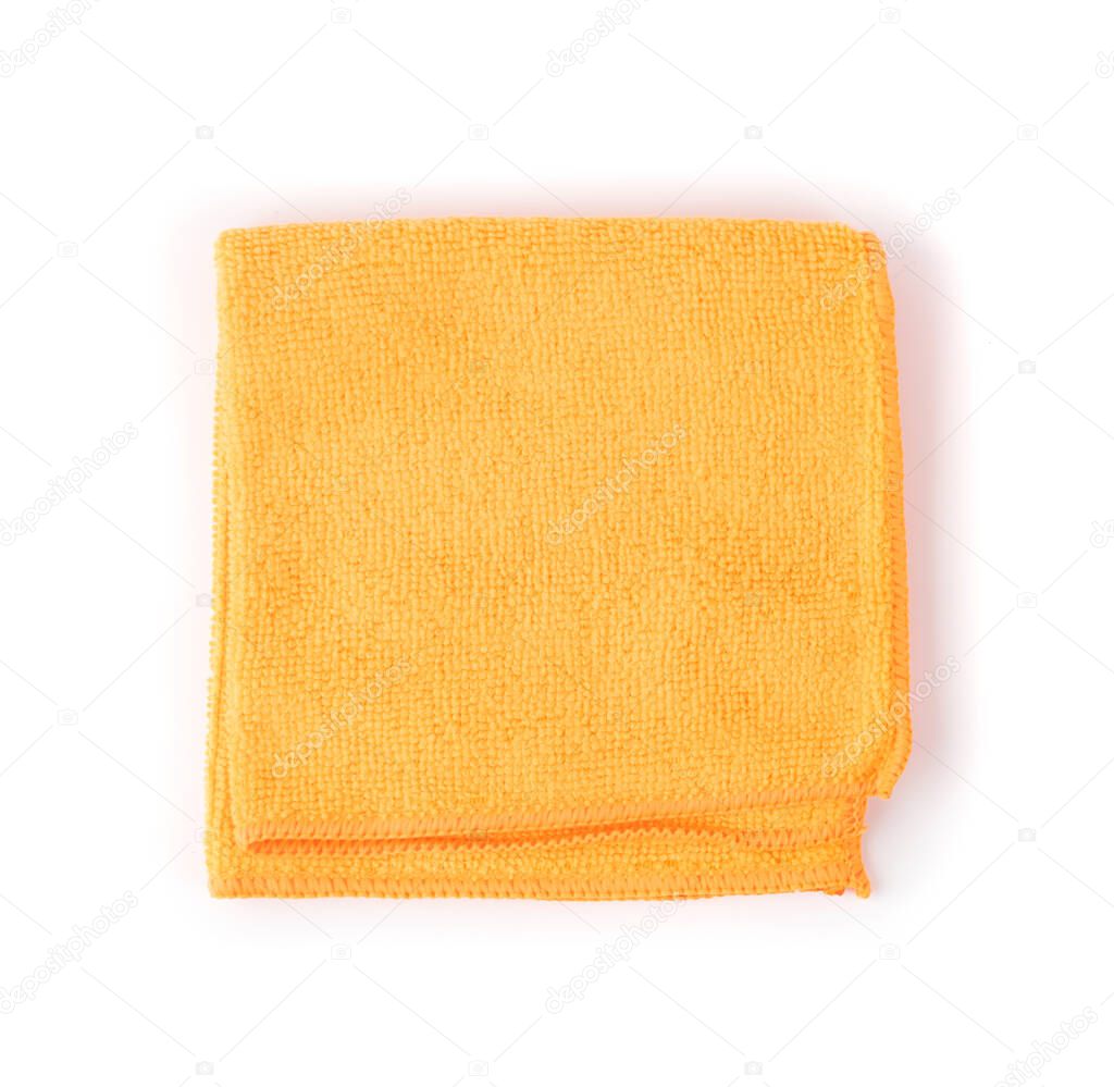 Folded Orange Microfiber Cleaning Cloth Isolated on White Background Top View Closeup