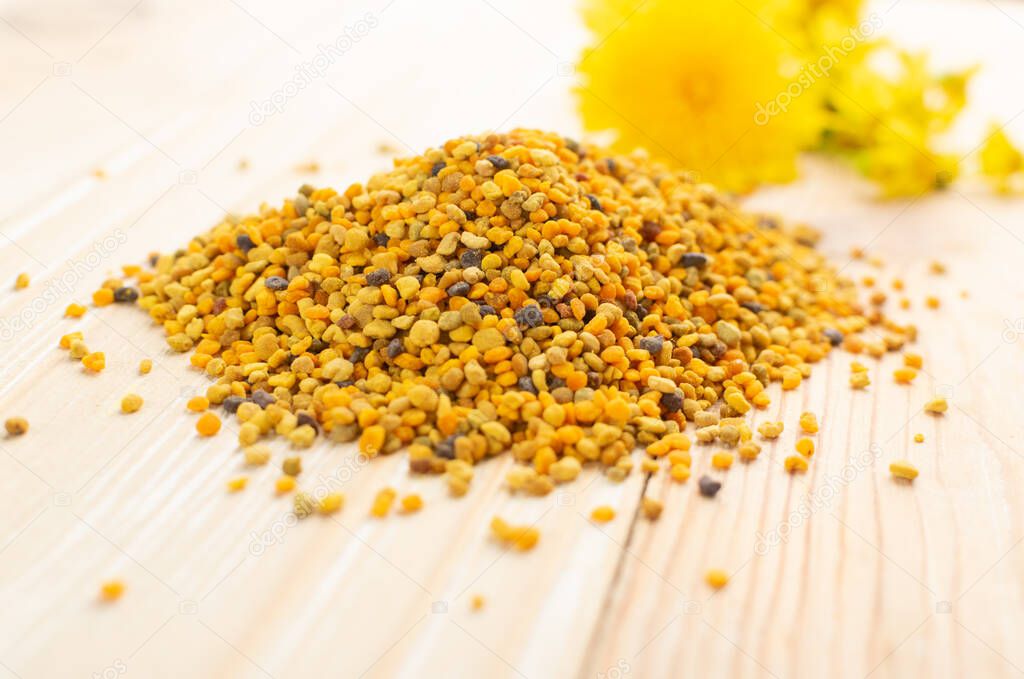 Macro shot of bee pollen or perga heap on blurred rustic background. Pile of raw brown, yellow, orange and blue flower pollen grains or bee bread. Healthy food supplement with selective focus