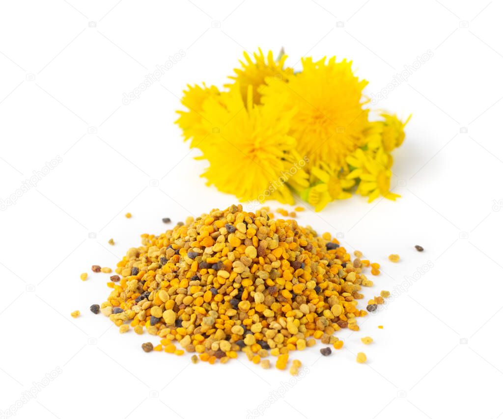Pile of bee pollen or perga isolated on white background. Raw brown, yellow, orange and blue flower pollen grains or bee bread heap. Healthy food supplement
