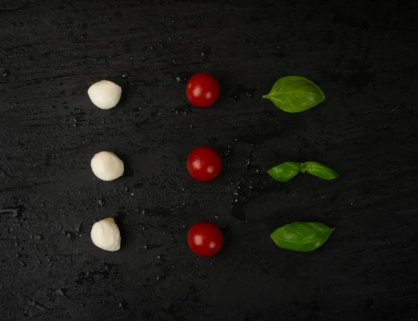 Mozzarella Cherry Tomatoes Pattern Black Slate Background Italian Caprese Salad — Stock Photo, Image