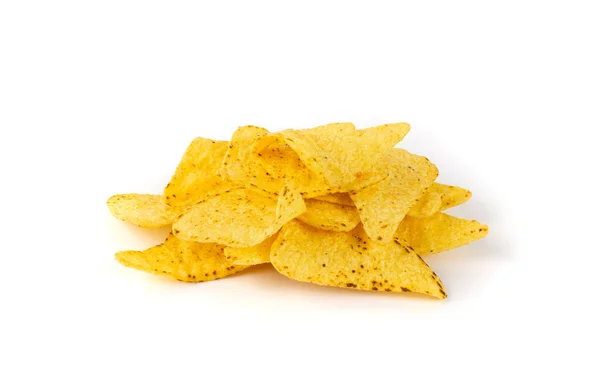 Heap Van Driehoek Maïs Chips Geïsoleerd Witte Achtergrond Mexicaanse Nachoschips — Stockfoto