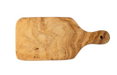 Beyaz arka planda izole edilmiş zeytin ağacı kesme tahtası. Sağlam ahşap doğrama tahtası üst görünümü