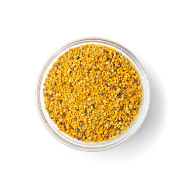 Pile of bee pollen or perga in glass bowl isolated on white background top view. Raw brown, yellow, orange and blue flower pollen grains or bee bread heap. Healthy food supplement clipart