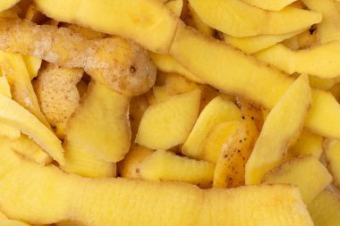 Patates kabuğu desenli arka plan. Patates derisi deseni, gübre üst görünümü için biyolojik çöp. Organik atık malzeme dokusu