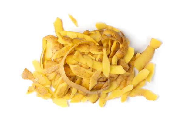 Pile of potato peel isolated on white background with clipping path. Potato skin bio garbage for compost top view. Organic waste ingredient