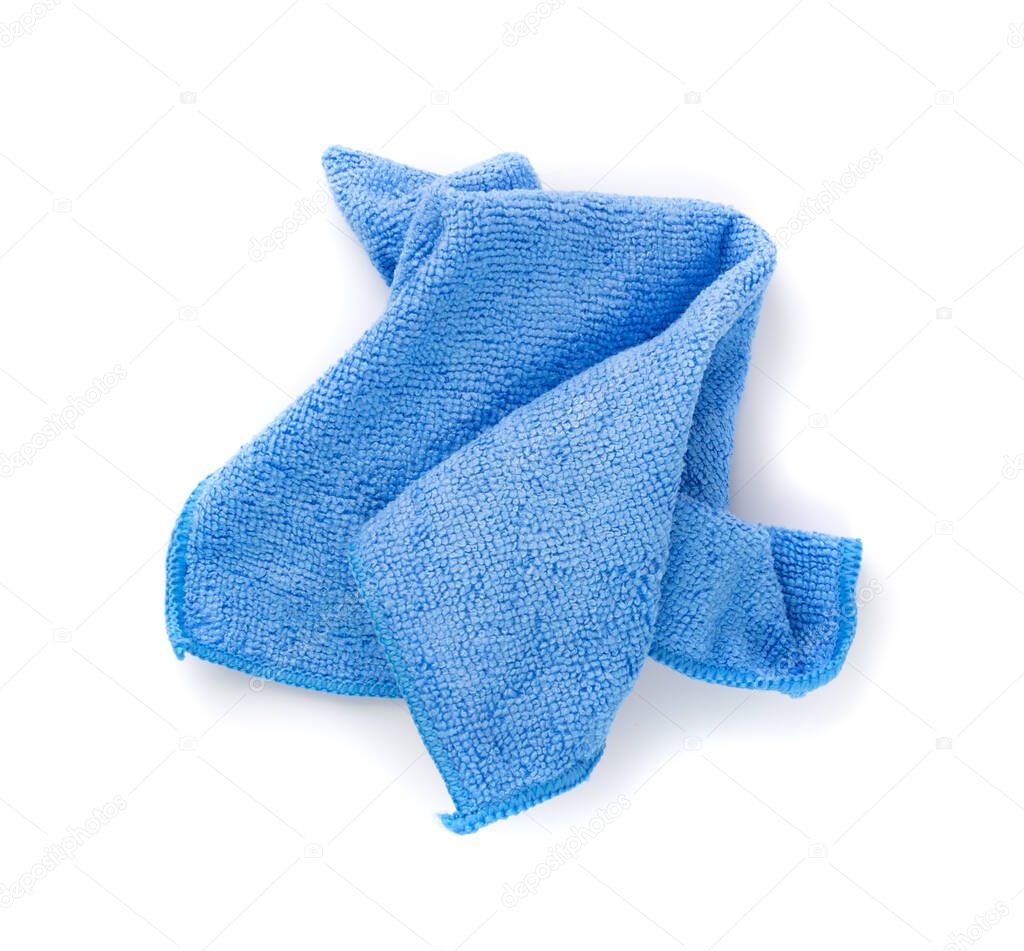 Blue Microfiber Cleaning Cloth Isolated on White Background Top View Closeup
