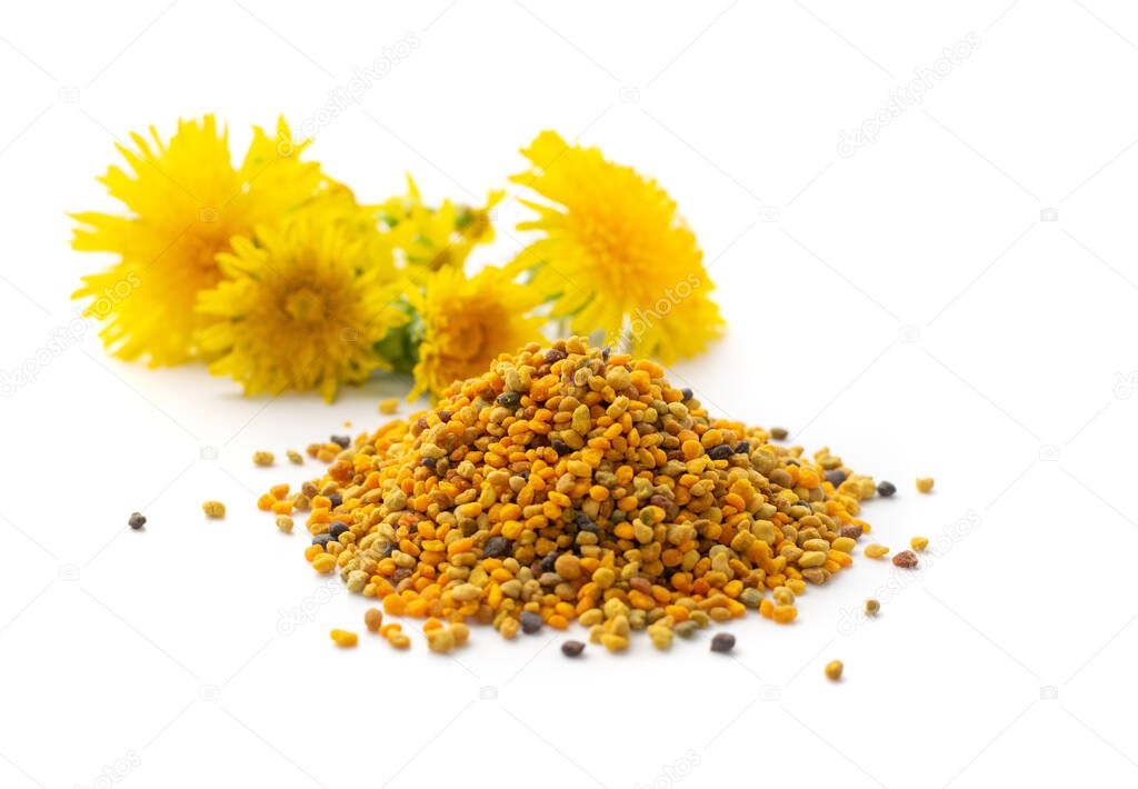 Pile of bee pollen or perga isolated on white background. Raw brown, yellow, orange and blue flower pollen grains or bee bread heap. Healthy food supplement