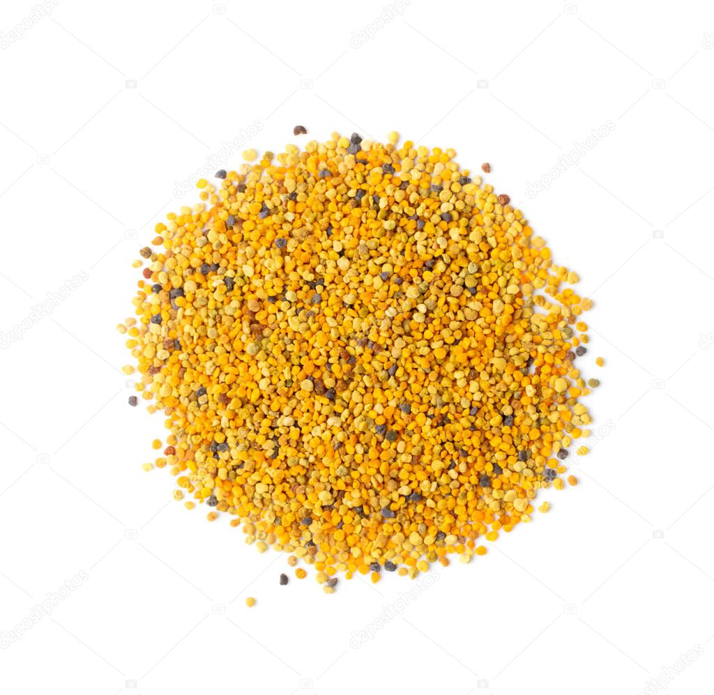 Bee pollen or perga isolated on white background top view. Raw brown, yellow, orange and blue flower pollen grains or bee bread. Healthy food supplement