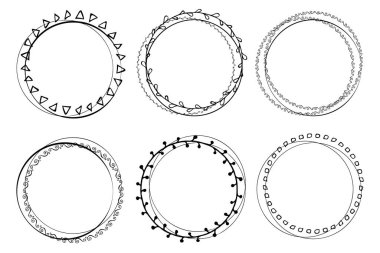 El çizimi daireler ve bitki elementleri. İnce çizgili daireler, dairesel karalama çerçeveleri, beyaz arkaplanda izole edilmiş yuvarlak çizgiler vektör koleksiyonu. El yazısı sanat taklidi