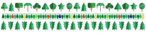 无缝隙边界与圣诞树收藏 由装饰过的圣诞树和五彩缤纷的圆球和花环做成的无穷无尽的线条 病媒图解 — 图库矢量图片