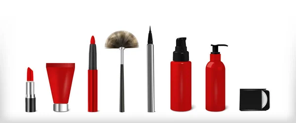 Realistisk Röd Makeup Set Cosmetic Mockup Lipstick Pencil Eyeliner Soap — Stock vektor