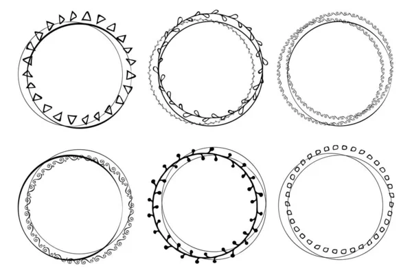 手工绘制带有植物元素的草图圆圈 细线圆圈 圆形涂鸦框架 圆形线矢量收集分离的白色背景 手写体艺术模仿 — 图库矢量图片