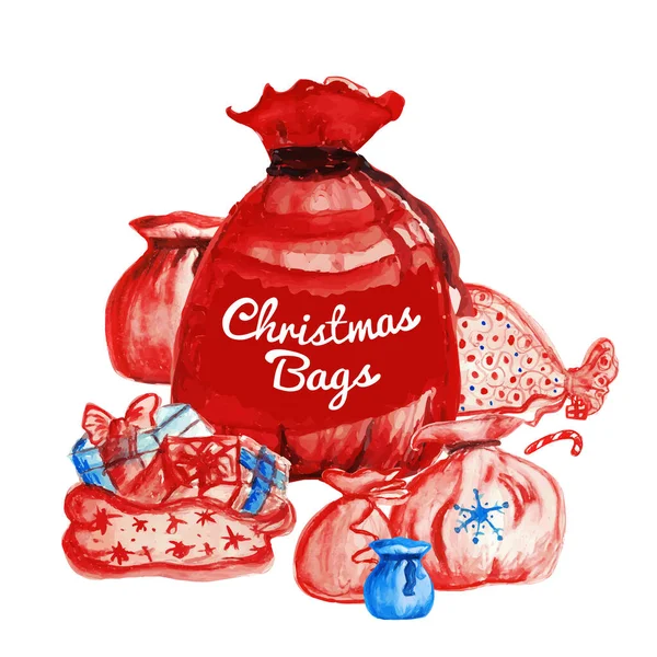 Hand Drawn Watercolor Christmas Bags Watercolour Santa Bags Hand Drawn — Stock Vector
