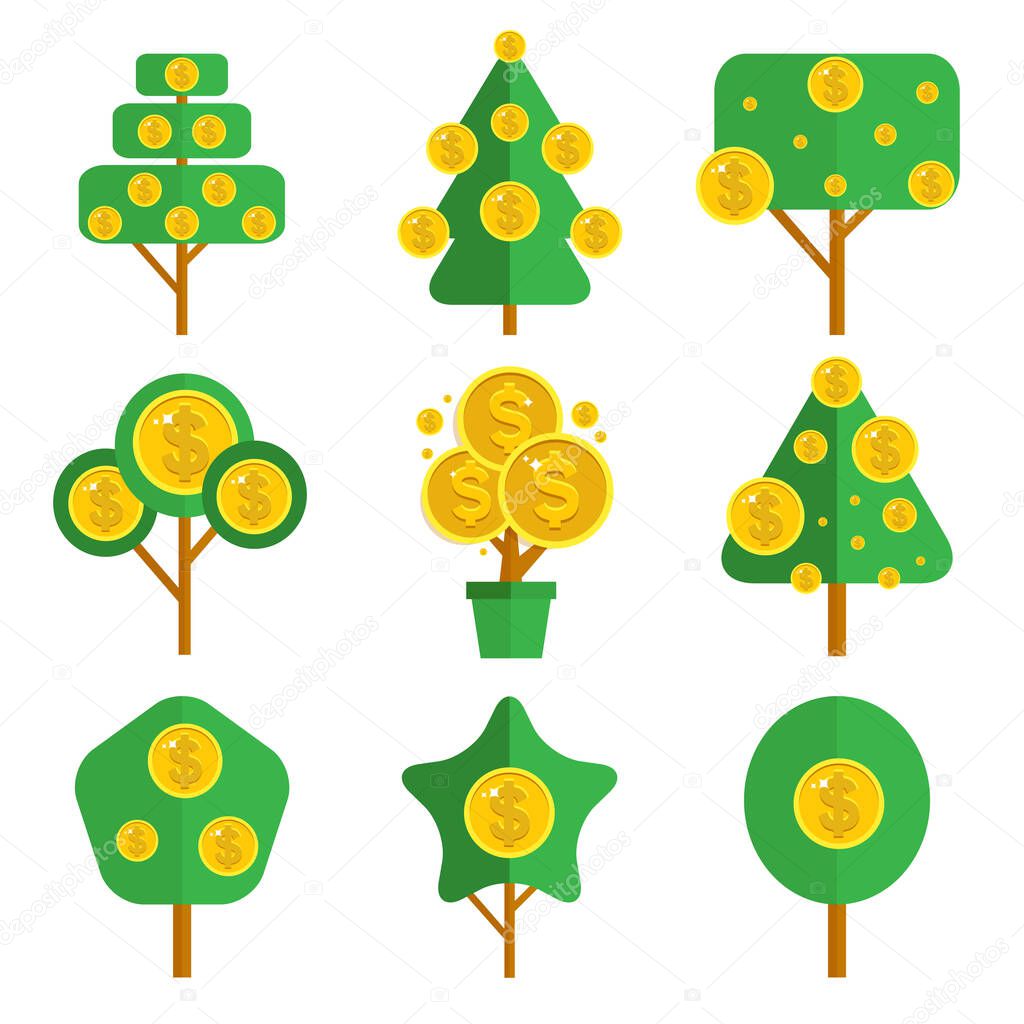 Money tree vector icon collection. Money grow symbols, investment signs, dollar plant silhouettes, financial trend graphic elements, contribution pictogram, deposit logos
