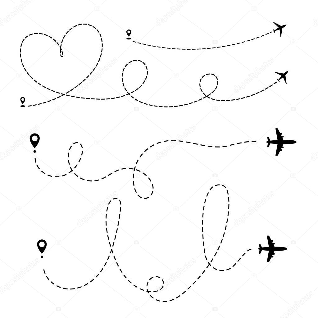 Airplane dotted path, aircraft tracking, trace or road vector illustration for infographic design. Plane track to point with dashed line way or air lines on white background