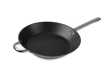 Non Stick kızartma tavası beyaz arka planda izole edildi. Metal Saplı Yeni Boş Siyah Çubuksuz Mutfak Malzemesi