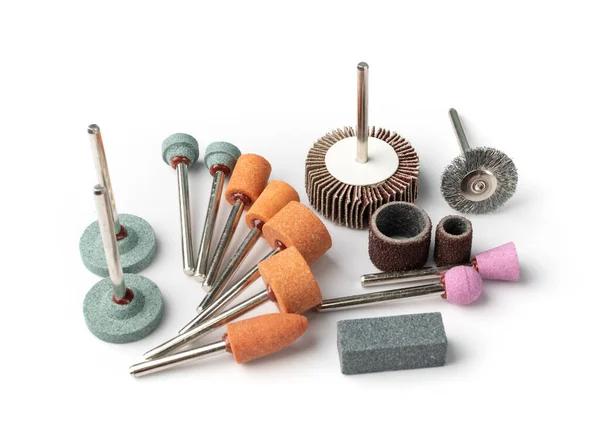 Polishing tools set for sander tool. Mini drill accessories with grinding polishing wheels, abrasive discs, sandpapers, sander tool collection, emery paper, small abrasive equipment — Stock Image Polishing Tools Set Sander Tool Mini Drill Accessories Grinding Polishing Stock Image