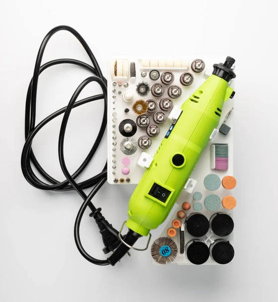 Polishing tools set for sander tool. Mini drill accessories with grinding polishing wheels, abrasive discs, sandpapers, sander tool collection, emery paper, small abrasive equipment — Stock Image Polishing Tools Set Sander Tool Mini Drill Accessories Grinding Polishing Royalty Free Stock Images