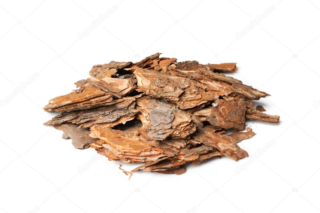 Heap of Dry Pine Tree Bark Pieces Isolated on White. Broken Woods Nature Chip