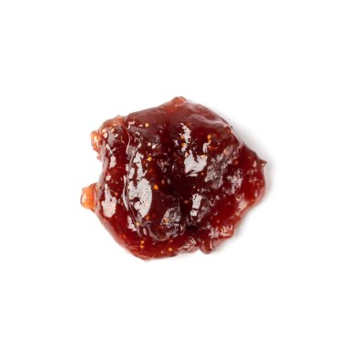 Beyaz arkaplanda incir reçeli çerçevesi izole edildi. Tatlı incir ağacı konfeksiyon yeri, incir reçeli sıçrama, figa jöle serpiştirme