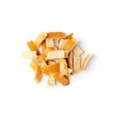 Beyaz Arkaplan Üst Görünümü 'nde izole edilmiş bir yığın ekmek kırıntısı. Ezilmiş Rusk Ekmek Kabukları, Çürütülebilir Atık İçi