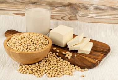 Kuru soya eti, soya fasulyesi, soya sütü ve soya peyniri arkaplan manzaralı soya yemeği koleksiyonu. Soya sütü, soya peyniri, soya proteini veya TSP ile karıştırılmış soya ürünleri.