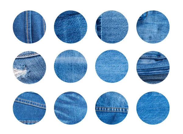 Set of Blue Jeans Circles Mockup. Denim Backgrounds with Circle Shapes Collection for Creative Design. Jeans Round Label Templates with Copy Space