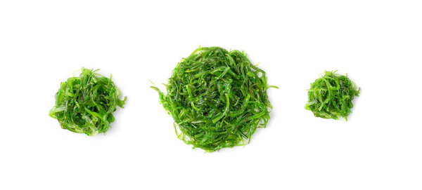 Green Chuka Seaweed Salad Isolated on White Background Top View. Wakame Sea Kelp Salat, Chukka Sea Weed, Healthy Algae Food