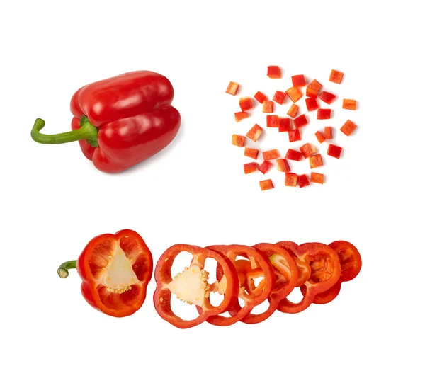 Whole Sliced Paprika Collection Chopped Red Sweet Pepper Isolated White — Stock Photo, Image