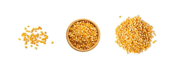 Heap Raw Popcorn Grains Isolated White Background Set Dry Yellow — Stock Photo, Image