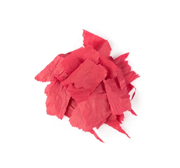 红色扭伤组织纸带在白色背景上分离 小碎片撕碎卷烟纸 包装纸顶部视图 Crimson Napkin Pieces — 图库照片